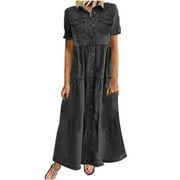 asdoklhq Maternity Dress,Fashion Women Button Loose Solid V-neck Lmitation Denim Short Sleeve Long Dress